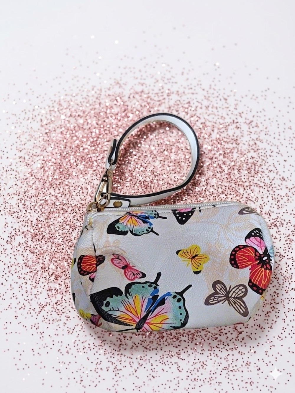 Butterfly Print Wristlet Coin Purse - White